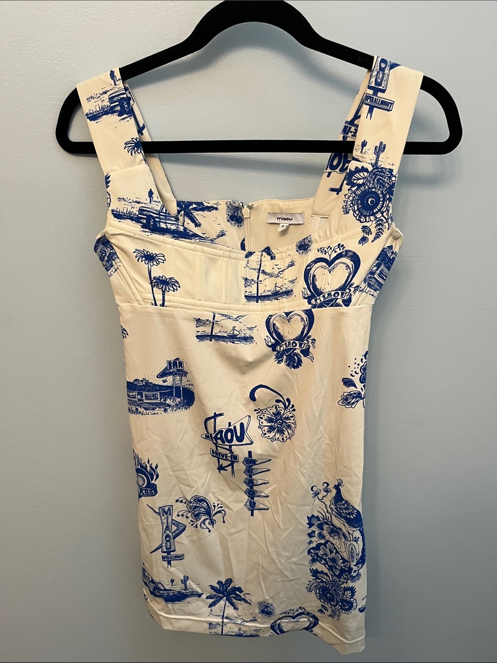 Miaou Cream Mini Dress with Blue Scenic Print